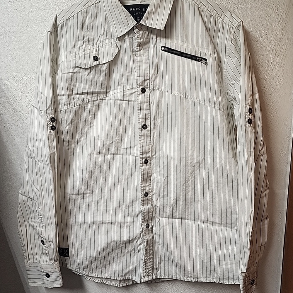 Mens Marc Ecko Cut & Sew Button Up Shirt White  Black Stripe Long Sleeve Cotton